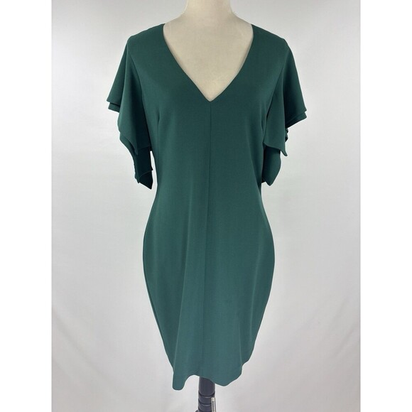 Black Halo Simona Cocktail Sheath Dress Green 12 Flutter Kimono Sleeve Midi - Picture 3 of 12